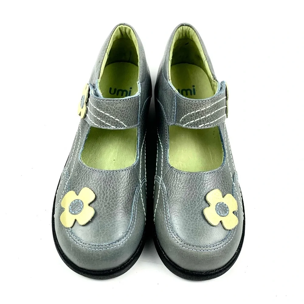 Umi Girls Gray/Green Leather Mary Janes Size 12 (30)